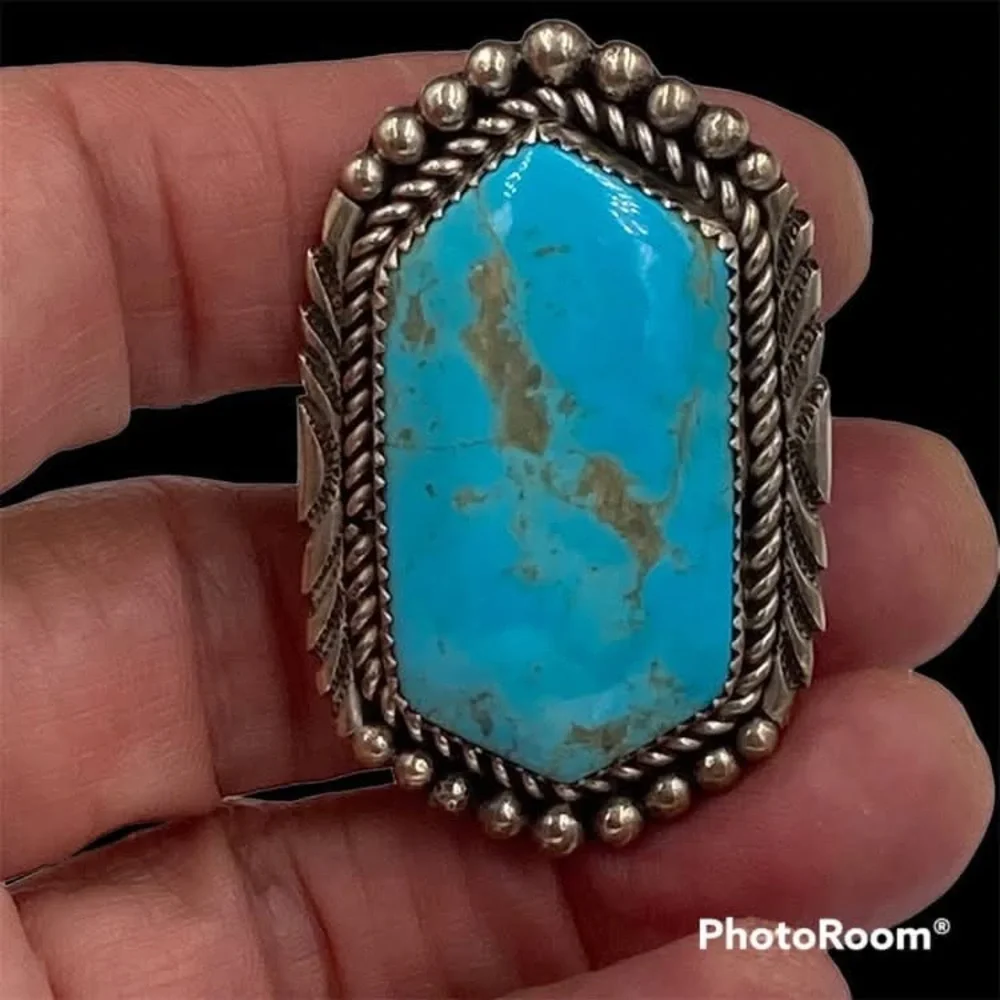 Vintage Navajo Joe Tso Huge Turquoise Sterling Ring - Picture 2 of 7